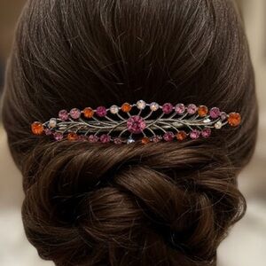 Sparkling Pink Orange AB Rhinestone Floral 4”Barrette Hair Clip Glam Coquette